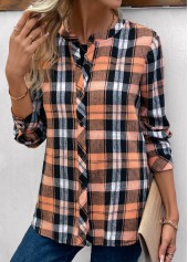 Orange Button Plaid Long Sleeve Round Neck Blouse | thumb picture 