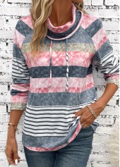 Multi Color Drawstring Striped Long Sleeve Cowl Neck Sweatshirt