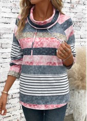 Multi Color Drawstring Striped Long Sleeve Cowl Neck Sweatshirt | thumb picture 