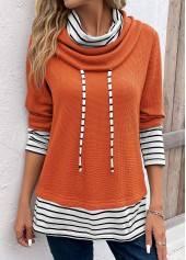 Orange Patchwork Striped Long Sleeve Cowl Neck Sweatshirt