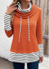 Orange Patchwork Striped Long Sleeve Cowl Neck Sweatshirt | thumb picture 