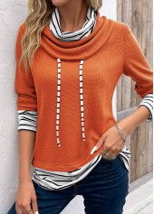 Orange Patchwork Striped Long Sleeve Cowl Neck Sweatshirt | thumb picture 