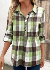Multi Color Tuck Stitch Plaid Long Sleeve Blouse