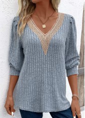 Dusty Blue Lace Long Sleeve V Neck T Shirt | thumb picture 