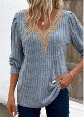 Dusty Blue Lace Long Sleeve V Neck T Shirt | thumb picture 