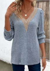 Dusty Blue Lace Long Sleeve V Neck T Shirt | thumb picture 