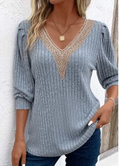 Dusty Blue Lace Long Sleeve V Neck T Shirt
