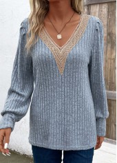 Dusty Blue Lace Long Sleeve V Neck T Shirt | thumb picture 