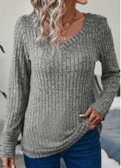 Grey Long Sleeve V Neck T Shirt