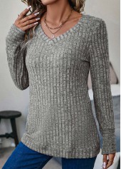 Grey Long Sleeve V Neck T Shirt