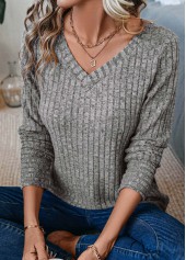 Grey Long Sleeve V Neck T Shirt