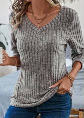 Grey Long Sleeve V Neck T Shirt
