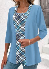 Light Blue Plaid 3/4 Sleeve Fake Two Piece Twinset