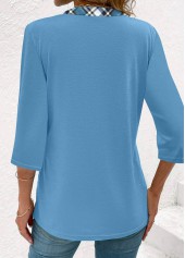 Light Blue Plaid 3/4 Sleeve Fake Two Piece Twinset