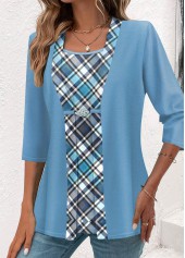 Light Blue Plaid 3/4 Sleeve Fake Two Piece Twinset
