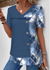 Denim Blue Patchwork Geometric Print T Shirt