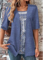 Dusty Blue Fake 2in1 Tribal Print T Shirt
