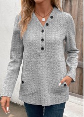 Light Grey Pocket Long Sleeve V Neck Sweatshirt | thumb picture 