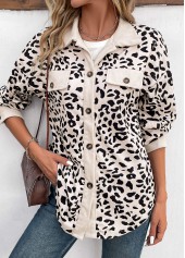 Beige Patchwork Leopard Long Sleeve Shirt Collar Coat