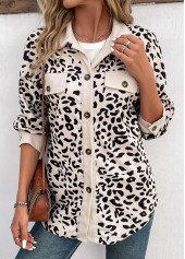 Beige Patchwork Leopard Long Sleeve Shirt Collar Coat | thumb picture 