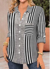 Black Patchwork Striped Long Sleeve Shirt Collar Blouse | thumb picture 