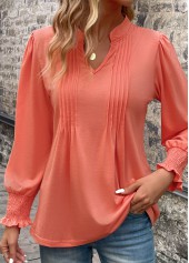Coral Smocked Long Sleeve Split Neck T Shirt | thumb picture 