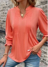 Coral Smocked Long Sleeve Split Neck T Shirt | thumb picture 