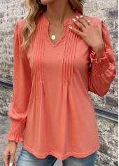 Coral Smocked Long Sleeve Split Neck T Shirt | thumb picture 