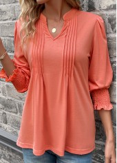 Coral Smocked Long Sleeve Split Neck T Shirt | thumb picture 