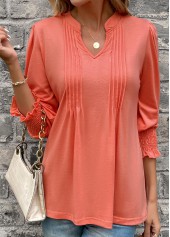 Coral Smocked Long Sleeve Split Neck T Shirt
