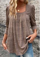 Light Coffee Pleated Long Sleeve Square Neck T Shirt | thumb picture 