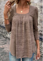 Light Coffee Pleated Long Sleeve Square Neck T Shirt