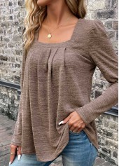 Light Coffee Pleated Long Sleeve Square Neck T Shirt | thumb picture 