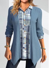 Dusty Blue Patchwork Geometric Print Long Sleeve Blouse