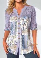 Dusty Purple Patchwork 3/4 Sleeve Split Neck Blouse