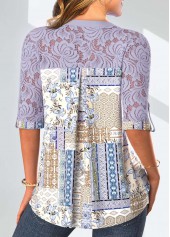 Dusty Purple Patchwork 3/4 Sleeve Split Neck Blouse | thumb picture 