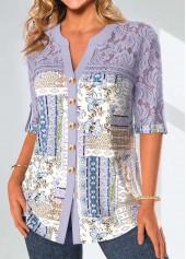 Dusty Purple Patchwork 3/4 Sleeve Split Neck Blouse | thumb picture 