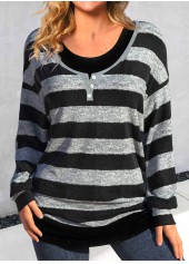 Black Fake 2in1 Striped Long Sleeve T Shirt