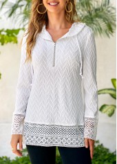 White Lace Drawstring Long Sleeve Hoodie