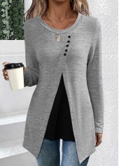 Grey Asymmetry Long Sleeve Round Neck T Shirt