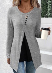Grey Asymmetry Long Sleeve Round Neck T Shirt | thumb picture 
