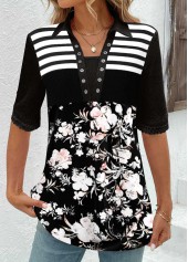 Black Patchwork Floral Print Half Sleeve T Shirt | thumb picture 