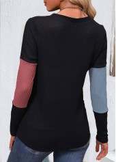 Black Patchwork Long Sleeve V Neck T Shirt | thumb picture 