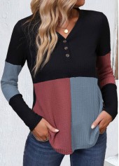 Black Patchwork Long Sleeve V Neck T Shirt