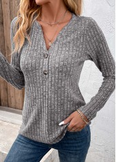 Dark Grey Button Long Sleeve Split Neck T Shirt