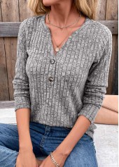 Dark Grey Button Long Sleeve Split Neck T Shirt | thumb picture 