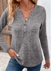 Dark Grey Button Long Sleeve Split Neck T Shirt | thumb picture 