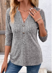 Dark Grey Button Long Sleeve Split Neck T Shirt | thumb picture 