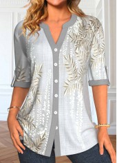 Light Grey Button Leaf Print Half Sleeve Blouse