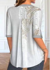 Light Grey Button Leaf Print Half Sleeve Blouse | thumb picture 